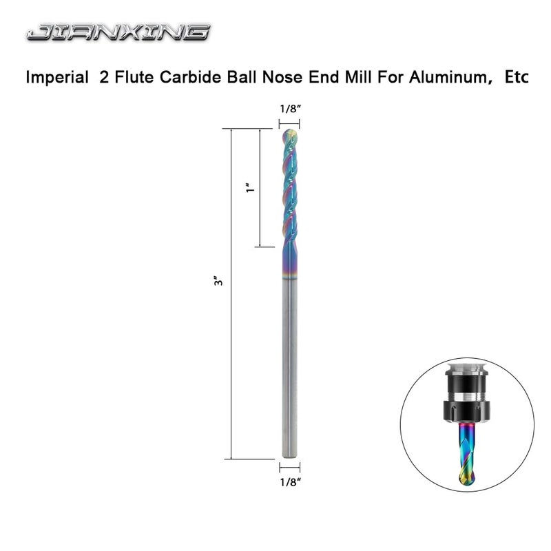 JIANXING 1/8" Extra Long DLC Coated 2-Flute Carbide Ball Nose End Mill, Ideal for Aluminum, Copper Alloys, and Plastic Machining – High Precision & Wear-Resistant Cutting Tool (1 Pieces) - Image 2